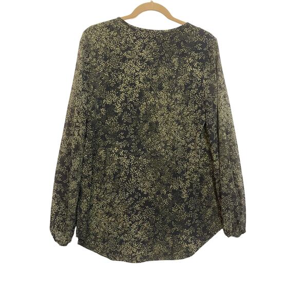 WHBM Woman’s pullover shirt Med Sage Green black leaf print sheer lined - Picture 2 of 7